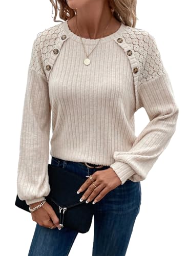 Acelitt Fall Winter Ribbed Knit Shirts for Women 2025 Trendy Casual Long Sleeve Lace Patchwork Tunic Tops Decorative Buttons Pullover Sweaters Apricot M - Image 1