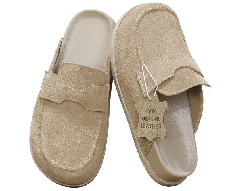 BLUEAGLE 100% Genuine Leather Suede Clogs Slip On Mules with Memory Foam Arch Support & Non-Slip Sole Platform Clog for Women Clogs for Footwear Platform Winter Shoes Taupe - Image 1