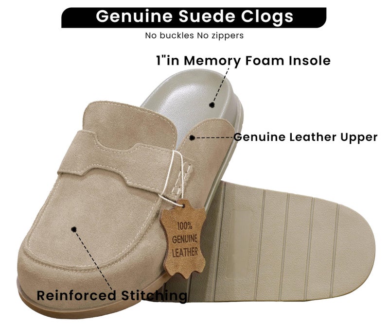 BLUEAGLE 100% Genuine Leather Suede Clogs Slip On Mules with Memory Foam Arch Support & Non-Slip Sole Platform Clog for Women Clogs for Footwear Platform Winter Shoes Taupe - Image 2