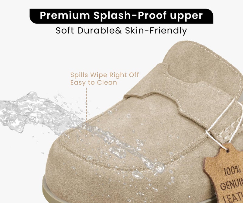 BLUEAGLE 100% Genuine Leather Suede Clogs Slip On Mules with Memory Foam Arch Support & Non-Slip Sole Platform Clog for Women Clogs for Footwear Platform Winter Shoes Taupe - Image 3