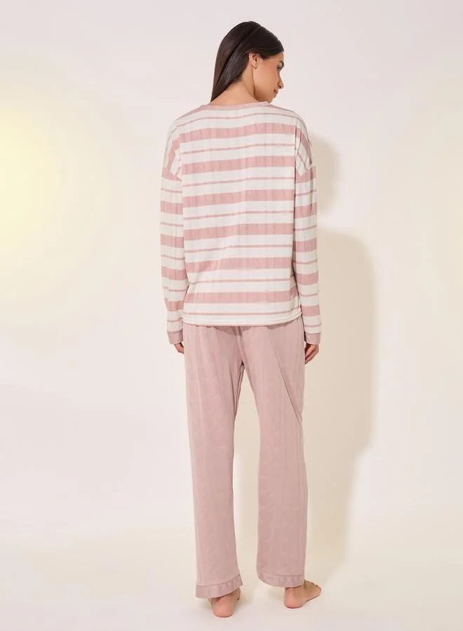 Take Two Texture Striped Round Neck T-Shirt & Pyjama Set