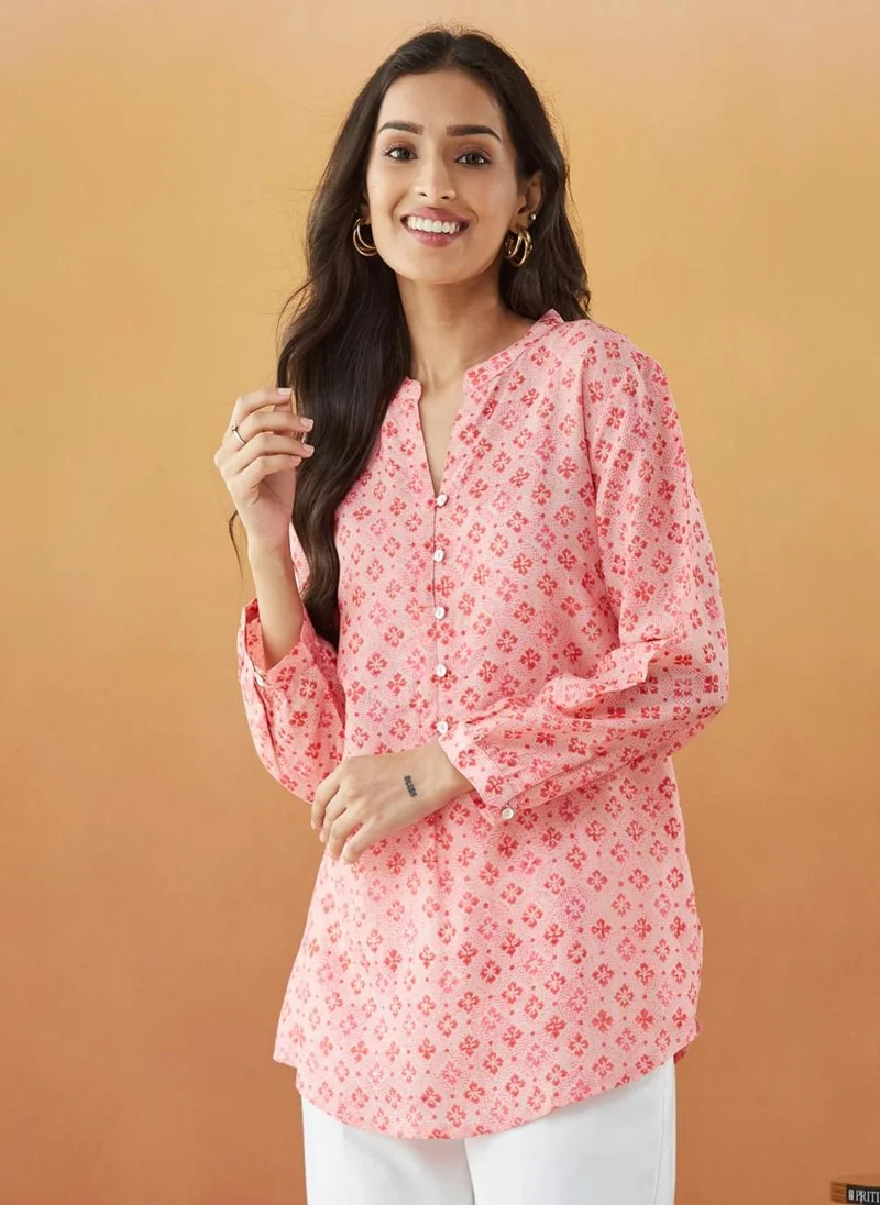 Fabindia Pink Rayon Blend Printed Tunic