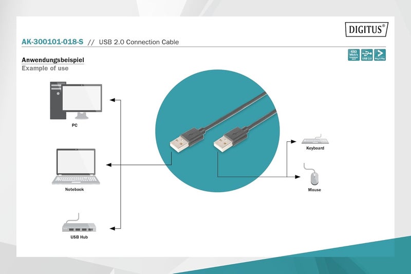 DIGITUS 1.8m Length USB 2.0 Connection Cable A Male - A Male - Black - Image 3