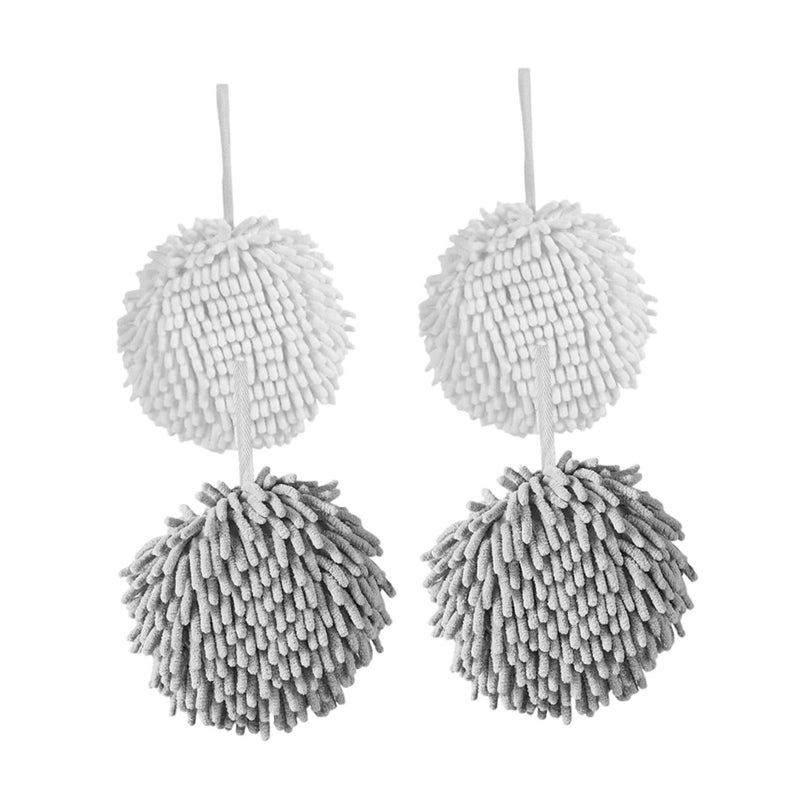 Chenille Hanging Hand Towel Set 4Pcs Soft Absorbent Kitchen Bathroom Decor White Grey - Image 2