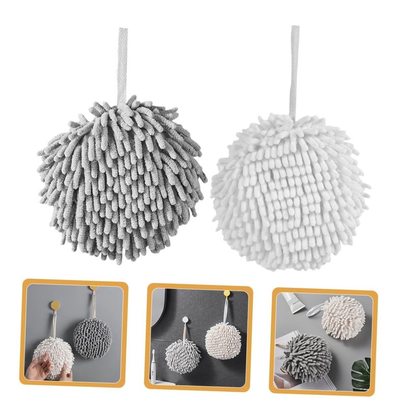 Chenille Hanging Hand Towel Set 4Pcs Soft Absorbent Kitchen Bathroom Decor White Grey - Image 5