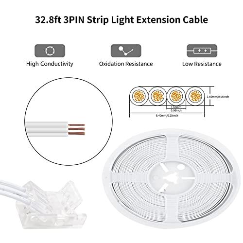 RGBZONE 3 Pin 10mm LED Connector Kit with 32.8ft 3 Pin Extension Cable and 10 Pcs 3 Pin LED Strip to Wire Connectors for 10mm IP20/IP65 SMD 5050 Dream Color LED Strip Light WS2811 WS2812B - Image 4