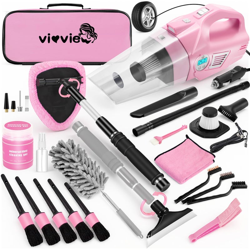 Vioview Pink Car Cleaning Kit, 25Pcs Detailing Kit Interior with 4-in-1 Power Handheld Vacuum Cleaner, Detailing Brush Set, 2-in-1 Windshield Cleaner Tool, Car Accessories for Cleaning, Gift for Women - Image 1