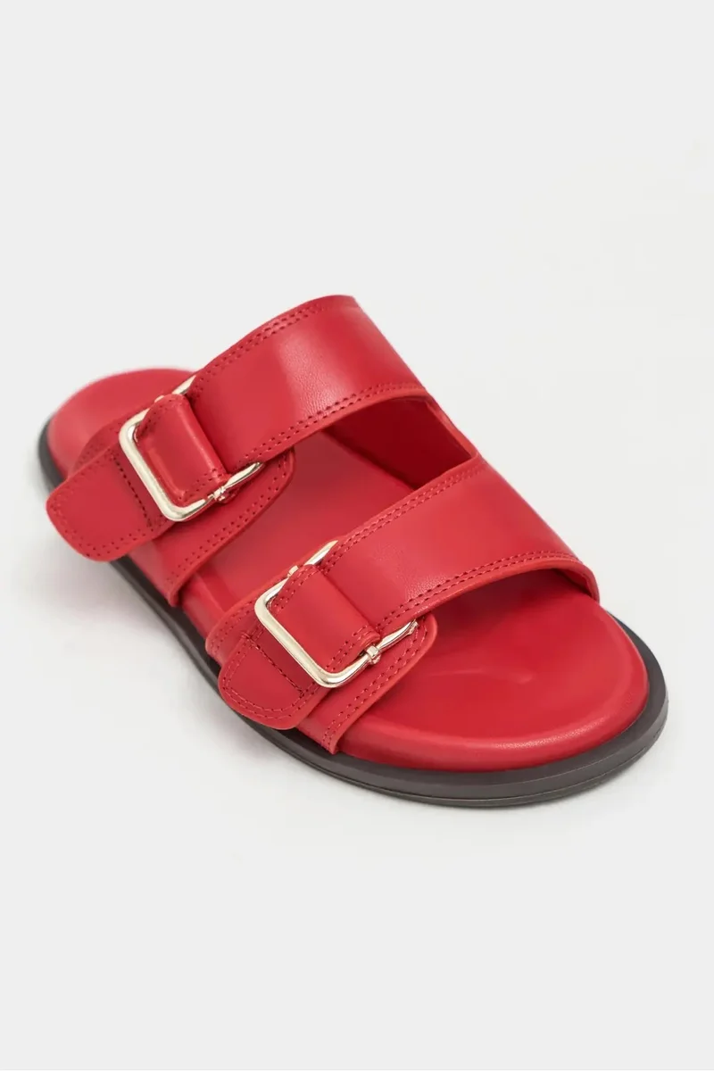 Nisantasi Shoes  Larry Matte Double Buckle Detail Flat Slides — Red for Women | Best Price UAE