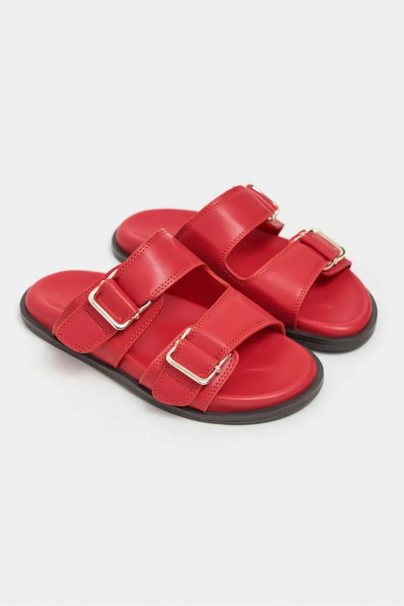 Nisantasi Shoes  Larry Matte Double Buckle Detail Flat Slides — Red for Women | Best Price UAE