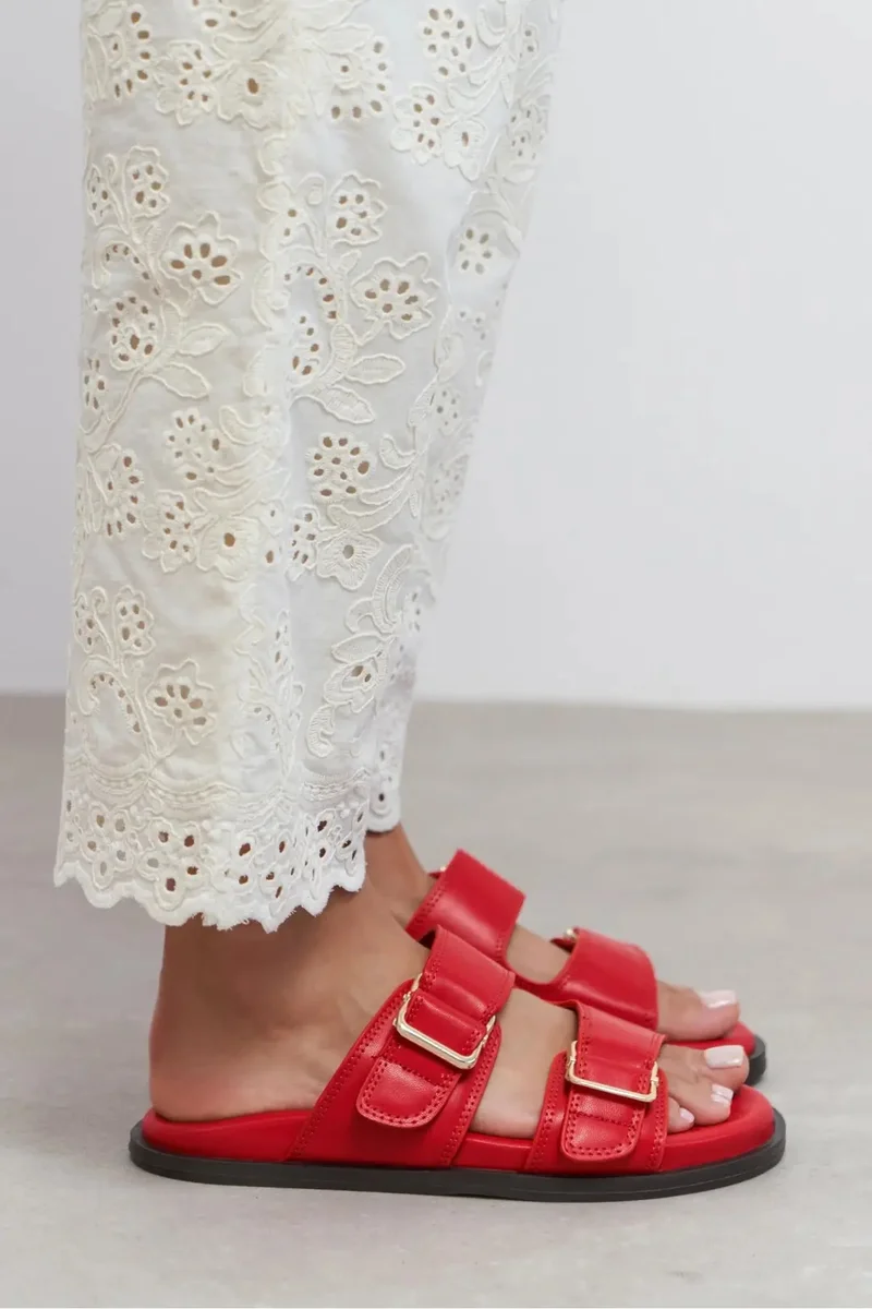 Nisantasi Shoes Larry Matte Double Buckle Detail Flat Slides — Red