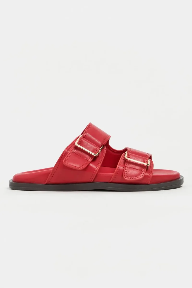 Nisantasi Shoes  Larry Matte Double Buckle Detail Flat Slides — Red for Women | Best Price UAE