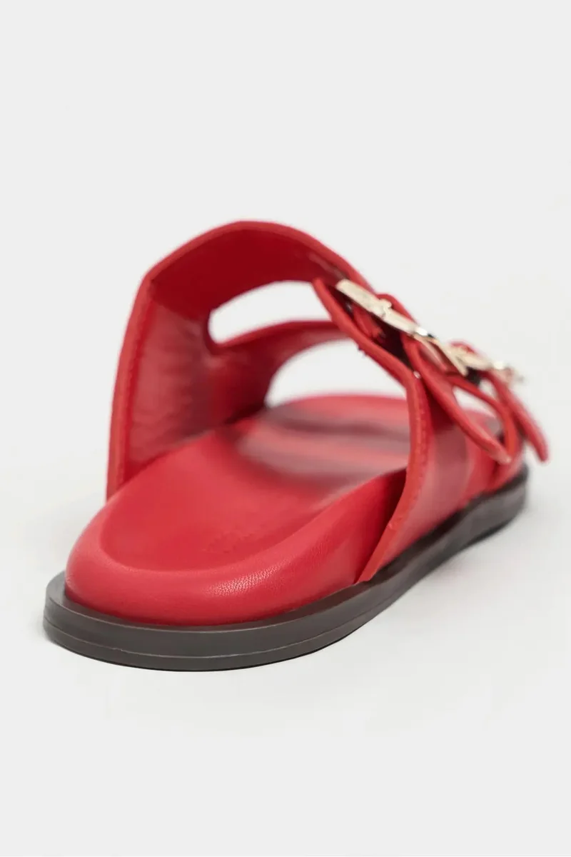 Nisantasi Shoes  Larry Matte Double Buckle Detail Flat Slides — Red for Women | Best Price UAE