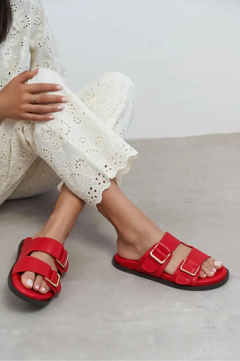 Nisantasi Shoes  Larry Matte Double Buckle Detail Flat Slides — Red for Women | Best Price UAE