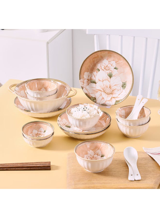 Weimingnuo Ceramic Bowl And Plate Set, Underglaze Color Dinnerware For Home Use, Complete Set For Housewarming Gifts, Camellia Pattern, 33-piece Gift Box Set - Image 2