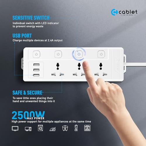 Cablet 2500W Heavy Duty Extension Board with 3 USB Ports (2.4A), 3 Universal Sockets, Individual Switches, Safety Shutter, 10A Power Strip, 1.8M Copper Wire Cord, for Home & Office Use – 250V - Image 2