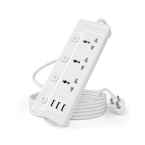 Cablet 2500W Heavy Duty Extension Board with 3 USB Ports (2.4A), 3 Universal Sockets, Individual Switches, Safety Shutter, 10A Power Strip, 1.8M Copper Wire Cord, for Home & Office Use – 250V - Image 1