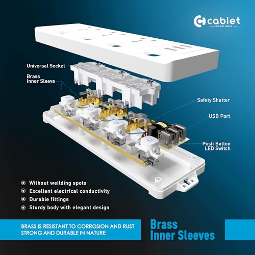 Cablet 2500W Heavy Duty Extension Board with 3 USB Ports (2.4A), 3 Universal Sockets, Individual Switches, Safety Shutter, 10A Power Strip, 1.8M Copper Wire Cord, for Home & Office Use – 250V - Image 3