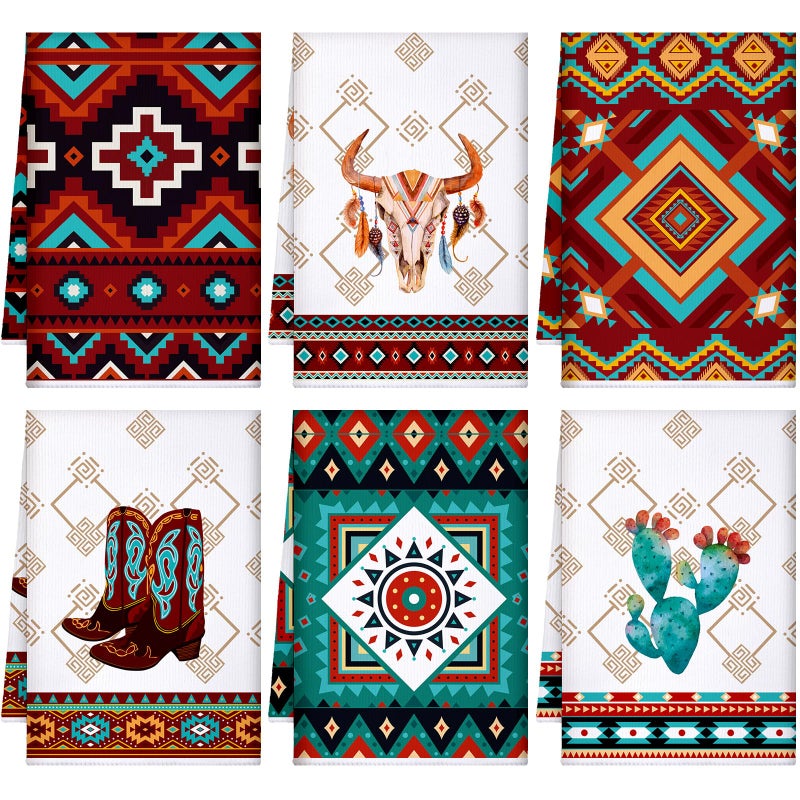 Boyiee Set of 6 Southwestern Kitchen Towels Boho Aztec Theme Dishtowel Native American Hand Tea Towels 24 x 16 Inches for Absorbent Kitchen Decor with Hanging Loop for Room Home Housewarming Gift - Image 1