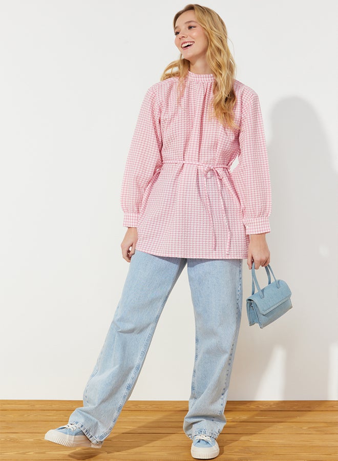trendyol Dusty Rose Belted Woven Seersucker Plaid Tunic TCTSS24UK00014 - Image 1