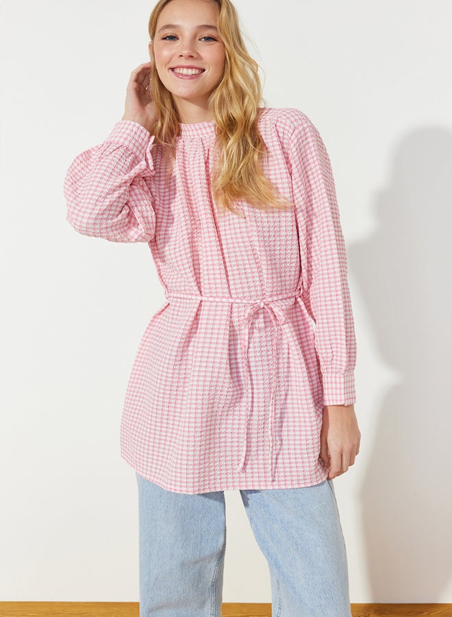 trendyol Dusty Rose Belted Woven Seersucker Plaid Tunic TCTSS24UK00014 - Image 3