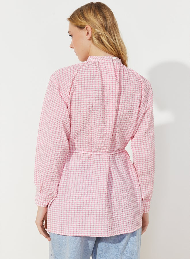 trendyol Dusty Rose Belted Woven Seersucker Plaid Tunic TCTSS24UK00014 - Image 5