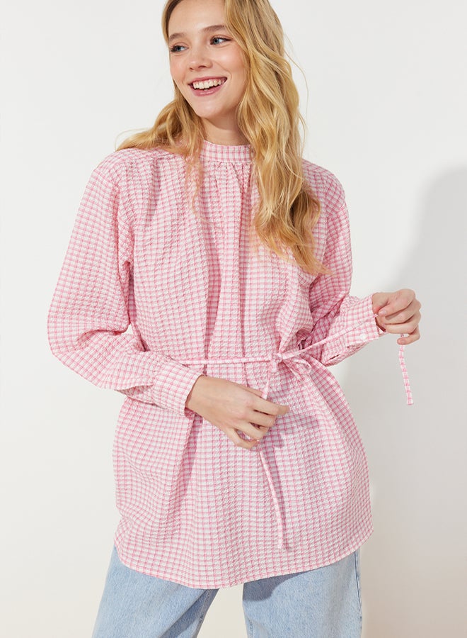 trendyol Dusty Rose Belted Woven Seersucker Plaid Tunic TCTSS24UK00014 - Image 2
