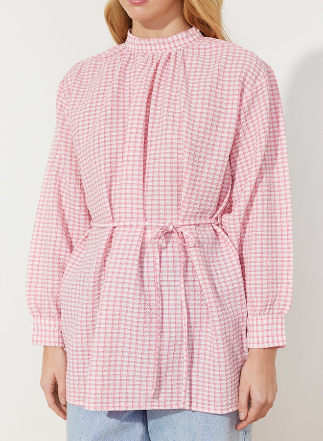 trendyol Dusty Rose Belted Woven Seersucker Plaid Tunic TCTSS24UK00014 - Image 4