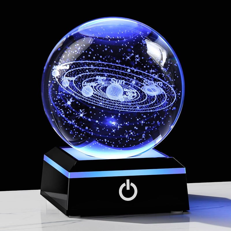 Qianwei 3D Solar System Crystal Ball Night Light 80mm, K9 Crystal Planet Model with 6-Mode Color Changing LED Base, Laser Engraved Galaxy Lamp for Bedroom Desk Decor, Astronomy Space Gift for Kids and Adults - Image 1