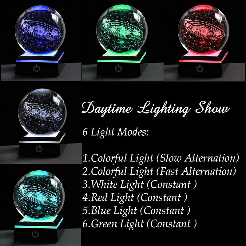 Qianwei 3D Solar System Crystal Ball Night Light 80mm, K9 Crystal Planet Model with 6-Mode Color Changing LED Base, Laser Engraved Galaxy Lamp for Bedroom Desk Decor, Astronomy Space Gift for Kids and Adults - Image 4