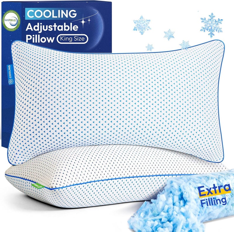 fulocean Cooling Pillows King Size Set of 2 for Sleeping, Adjustable Shredded Gel Memory Foam Cool Pillows 2 Pack for Side, Back, Hot Sleeper, Mid-Firm for Neck Pain Relief,Washable Removable Cover,CertiPUR-US - Image 1