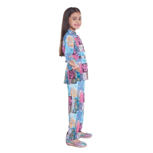 GORLYA Girls' Cotton Co-Ord Set | 3/4th Batwing Sleeve Top & Palazzo Pants | Floral & Paisley Printed | Stylish Festive Patchwork Outfit for Kids | Blue, Pink, Orange - Image 3
