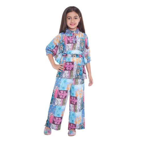 GORLYA Girls' Cotton Co-Ord Set | 3/4th Batwing Sleeve Top & Palazzo Pants | Floral & Paisley Printed | Stylish Festive Patchwork Outfit for Kids | Blue, Pink, Orange - Image 1