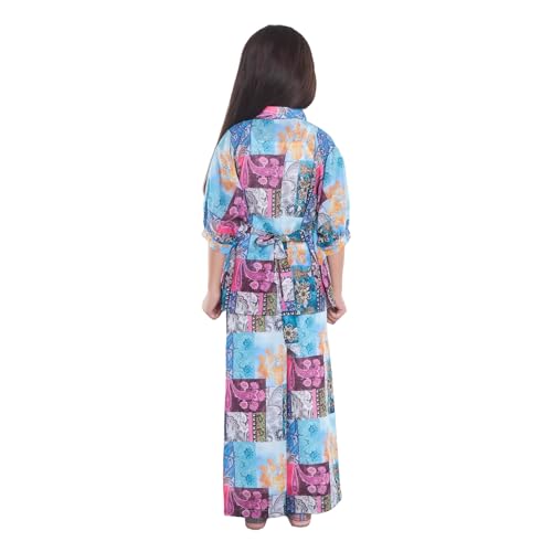 GORLYA Girls' Cotton Co-Ord Set | 3/4th Batwing Sleeve Top & Palazzo Pants | Floral & Paisley Printed | Stylish Festive Patchwork Outfit for Kids | Blue, Pink, Orange - Image 2