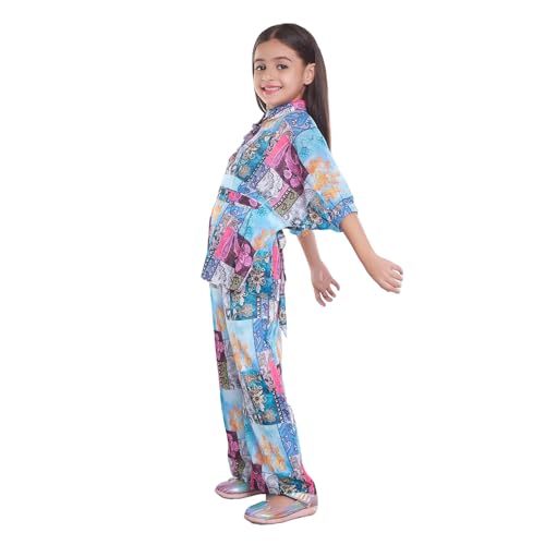 GORLYA Girls' Cotton Co-Ord Set | 3/4th Batwing Sleeve Top & Palazzo Pants | Floral & Paisley Printed | Stylish Festive Patchwork Outfit for Kids | Blue, Pink, Orange - Image 4