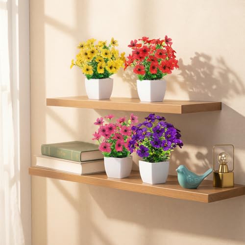 CEWOR Fake Plants 4 Packs Small Faux Potted Flower Daisy with Eucalyptus Leaves Decorations for Desk Bathroom Office Home Room Table Decor Indoor Outdoor - Image 5