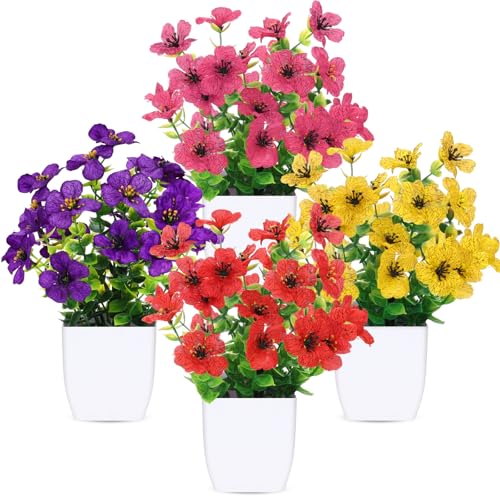 CEWOR Fake Plants 4 Packs Small Faux Potted Flower Daisy with Eucalyptus Leaves Decorations for Desk Bathroom Office Home Room Table Decor Indoor Outdoor - Image 1