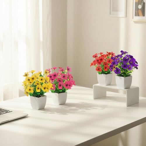 CEWOR Fake Plants 4 Packs Small Faux Potted Flower Daisy with Eucalyptus Leaves Decorations for Desk Bathroom Office Home Room Table Decor Indoor Outdoor - Image 3