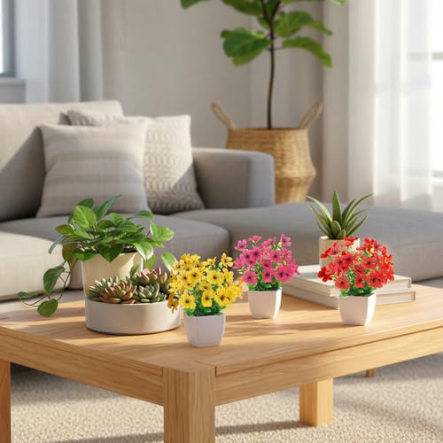 CEWOR Fake Plants 4 Packs Small Faux Potted Flower Daisy with Eucalyptus Leaves Decorations for Desk Bathroom Office Home Room Table Decor Indoor Outdoor - Image 4