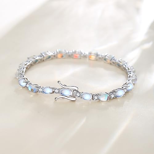 FANCIME Sterling Silver Created Moonstone Tennis Bracelet June Birthstone Bracelet Oval Gemstone Dainty Fine Jewelry for Women 7" - Image 2