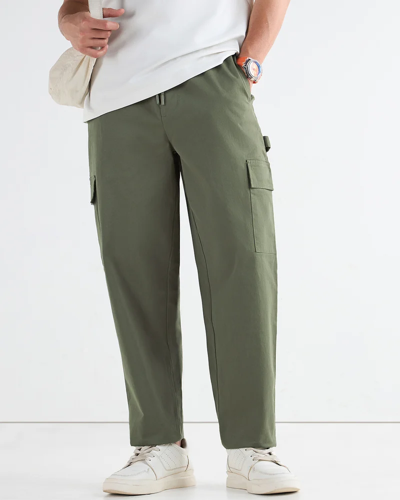 بيواكوف بنطلون كارغو رجالي واسع بلون الزيتون المغبر