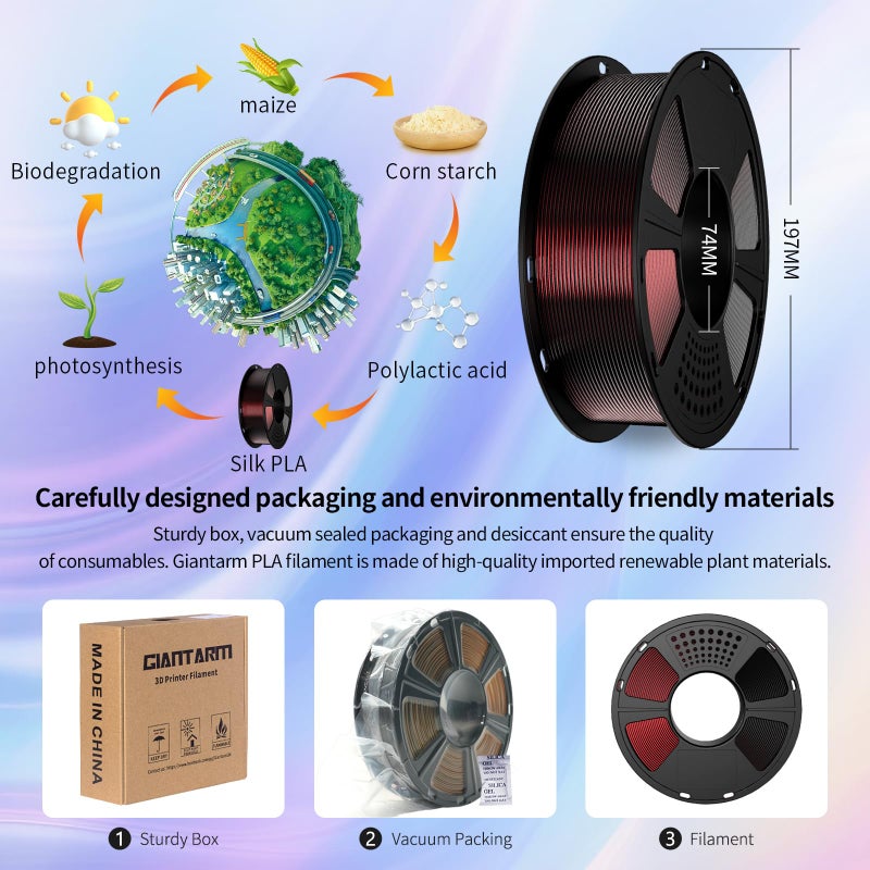 GIANTARM Tri-Colors Silk Pla Filament, 3D Printer Filament 1.75mm +/-0.02mm, 1Kg (2.2lbs) Spool, Vacuum Packaging (Red+Blue+Green) - Image 5