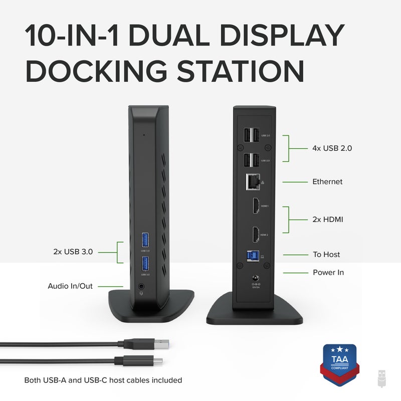Plugable USB 3.0 and USB-C Universal Laptop Docking Station with 2 HDMI Ports for Windows, Mac (Driver Required), and ChromeOS, Gigabit Ethernet, Audio - Image 2