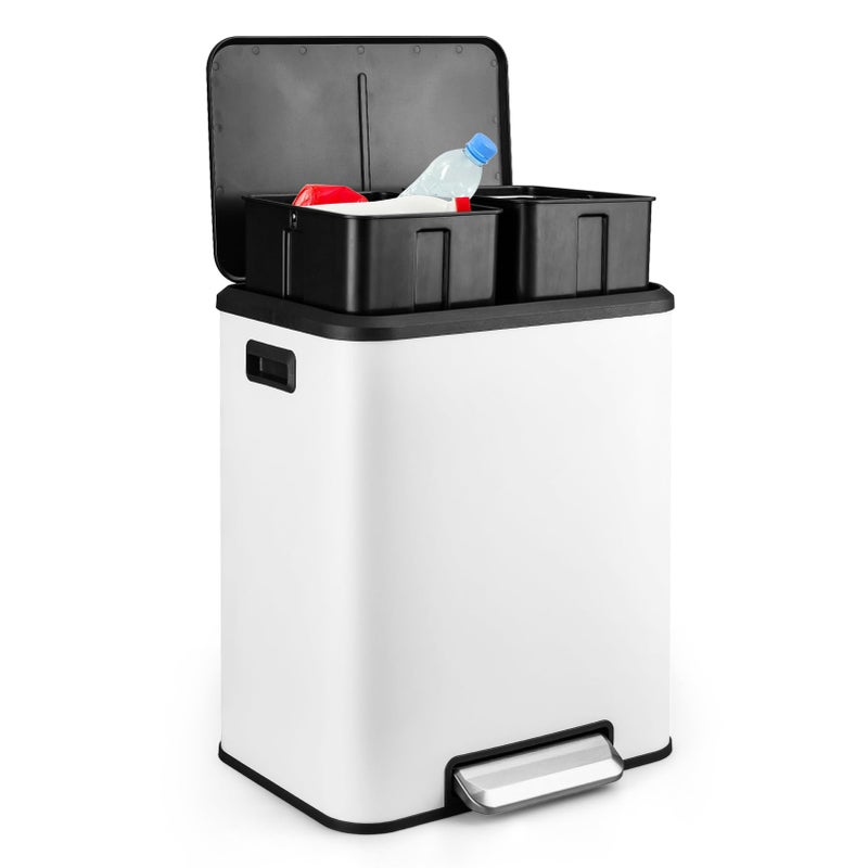 MilleLoom 8 Gallon/30 Liter Dual Compartment Trash Can, Stainless Steel Garbage Can with Soft-Close Lid and Two Removable Inner Buckets, 2 x 15L Two Compartment Trash Bin for Kitchen Bedroom Home, White - Image 1