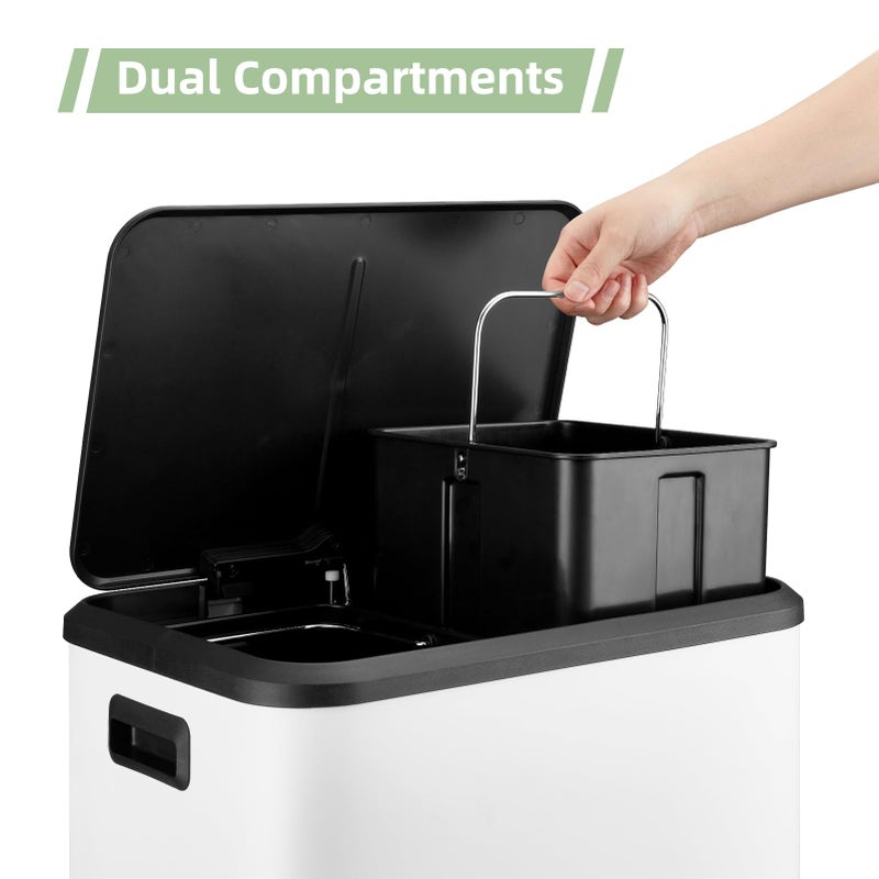 MilleLoom 8 Gallon/30 Liter Dual Compartment Trash Can, Stainless Steel Garbage Can with Soft-Close Lid and Two Removable Inner Buckets, 2 x 15L Two Compartment Trash Bin for Kitchen Bedroom Home, White - Image 3