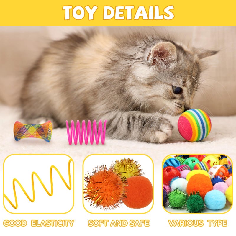 QUOZUO Kitten Toys, 60PCS Cat Balls Springs Toy Set, Cat Mouse Toy, Kitten Sparkle Crinkle Balls Furry Soft Pom Pom - Image 4