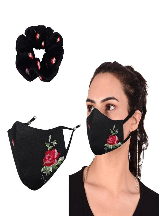 MASQ by Q-One Rosette Embroidered, Scrunchie & 4 Layer Cotton Cloth Face Mask Combo with Detachable Chain for Women in Large Size (Pink, Pack of 2) - Image 1