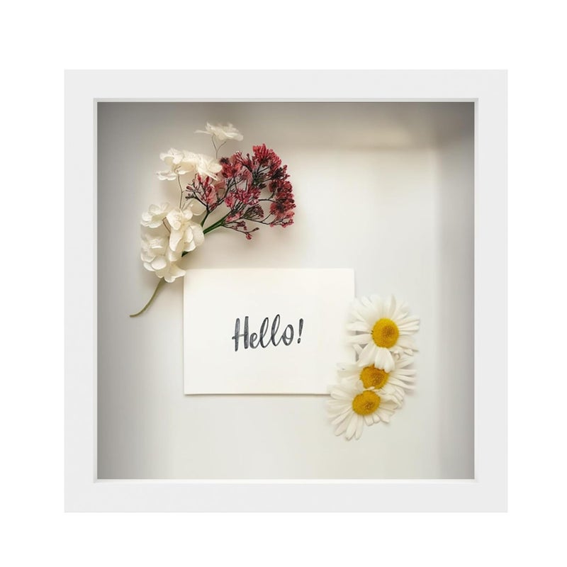 FrameWorks 11 x 11 White Wooden Shadow Box Frame Display Case with Soft Felt Back Memory Box with Tempered Glass Display Box with Elegant White Ball Push Pins Wooden Flower Box