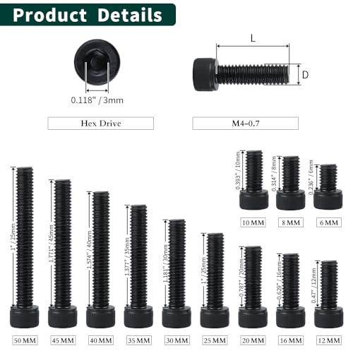 EASTLO M4-0.7 x 12mm Socket Head Cap Screws, 12.9 Grade Alloy Steel, Black Oxide Finish, Full Thread, Coarse Thread, Allen Hex Drive, 100 pcs - Image 4
