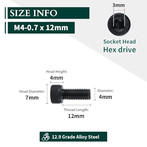 EASTLO M4-0.7 x 12mm Socket Head Cap Screws, 12.9 Grade Alloy Steel, Black Oxide Finish, Full Thread, Coarse Thread, Allen Hex Drive, 100 pcs - Image 3