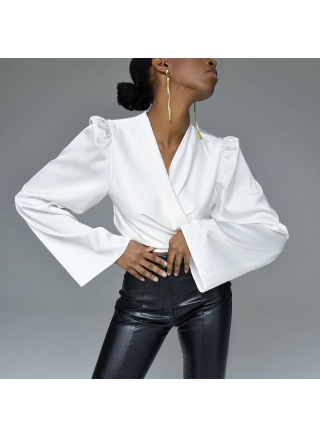 New Autumn Satin Design Niche Bow Blouse Short Style Shirt High-end Sense Commute Versatile Women's - Image 2